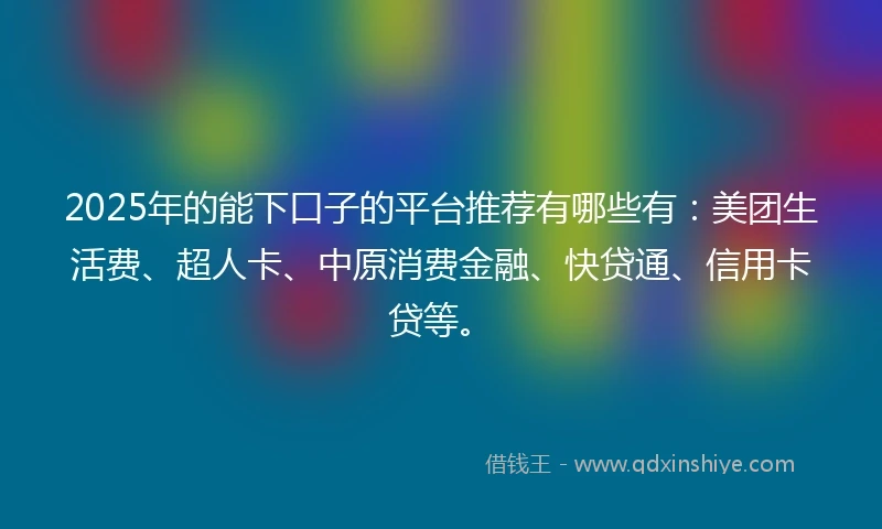 2025年的能下口子的平台推荐有哪些有：美团生活费、超人卡、中原消费金融、快贷通、信用卡贷等。