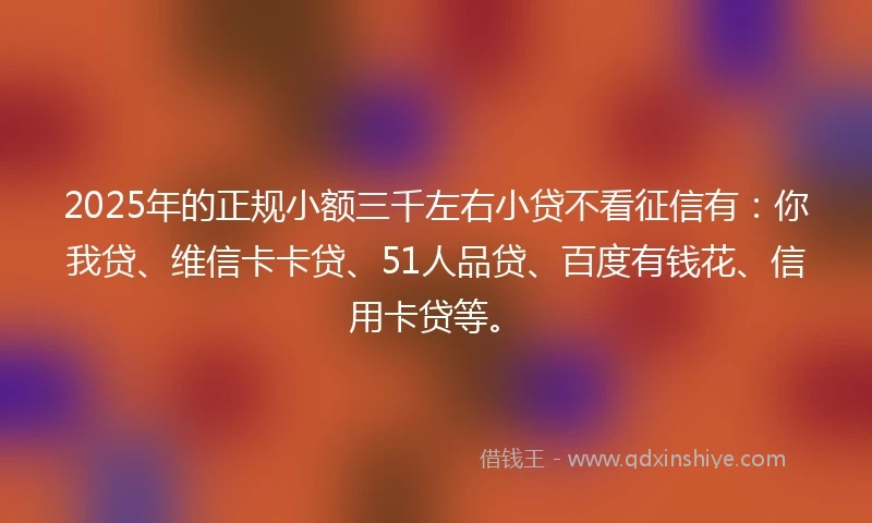 2025年的正规小额三千左右小贷不看征信有：你我贷、维信卡卡贷、51人品贷、百度有钱花、信用卡贷等。