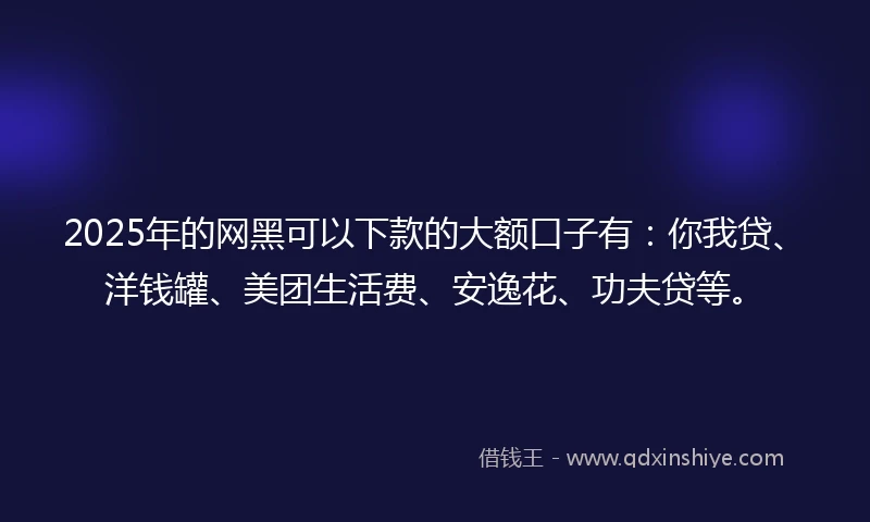 2025年的网黑可以下款的大额口子有：你我贷、洋钱罐、美团生活费、安逸花、功夫贷等。