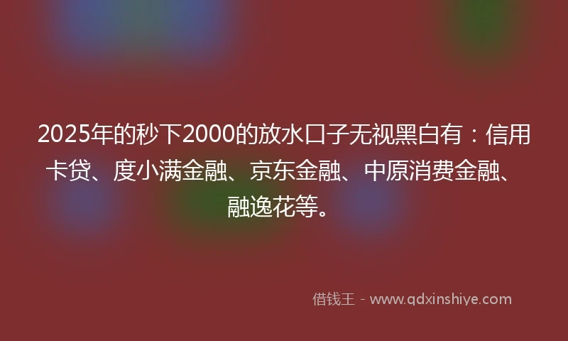 2025年的秒下2000的放水口子无视黑白有：信用卡贷、度小满金融、京东金融、中原消费金融、融逸花等。