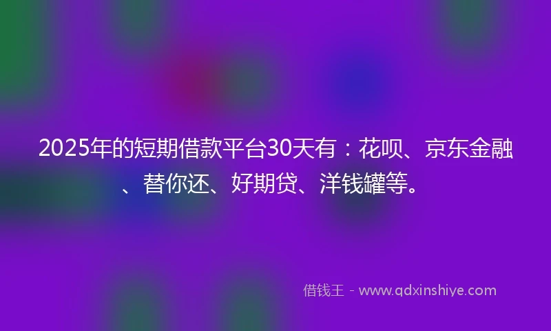 2025年的短期借款平台30天有：花呗、京东金融、替你还、好期贷、洋钱罐等。