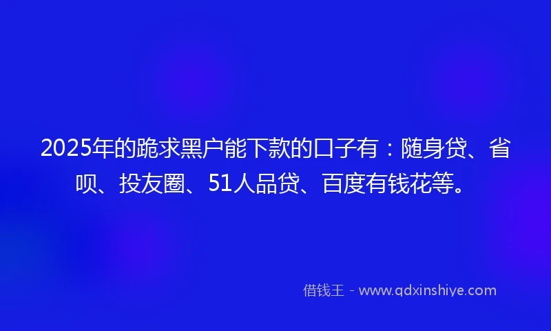 2025年的跪求黑户能下款的口子有：随身贷、省呗、投友圈、51人品贷、百度有钱花等。