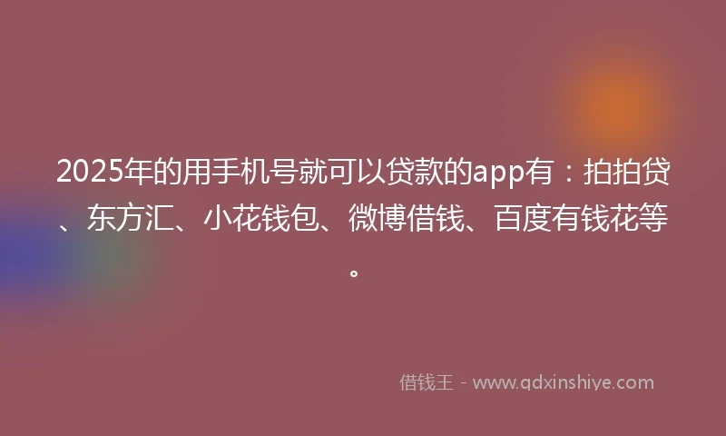2025年的用手机号就可以贷款的app有：拍拍贷、东方汇、小花钱包、微博借钱、百度有钱花等。