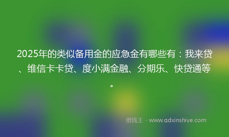 2025年的类似备用金的应急金有哪些有：我来贷、维信卡卡贷、度小满金融、分期乐、快贷通等。