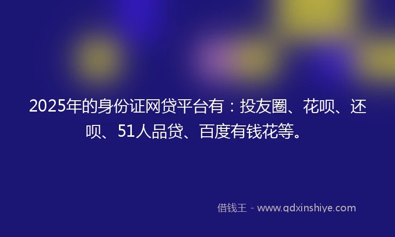 2025年的身份证网贷平台有：投友圈、花呗、还呗、51人品贷、百度有钱花等。