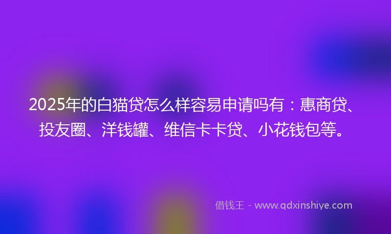 2025年的白猫贷怎么样容易申请吗有：惠商贷、投友圈、洋钱罐、维信卡卡贷、小花钱包等。