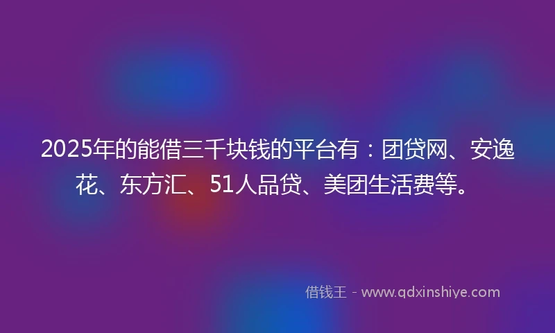 2025年的能借三千块钱的平台有：团贷网、安逸花、东方汇、51人品贷、美团生活费等。