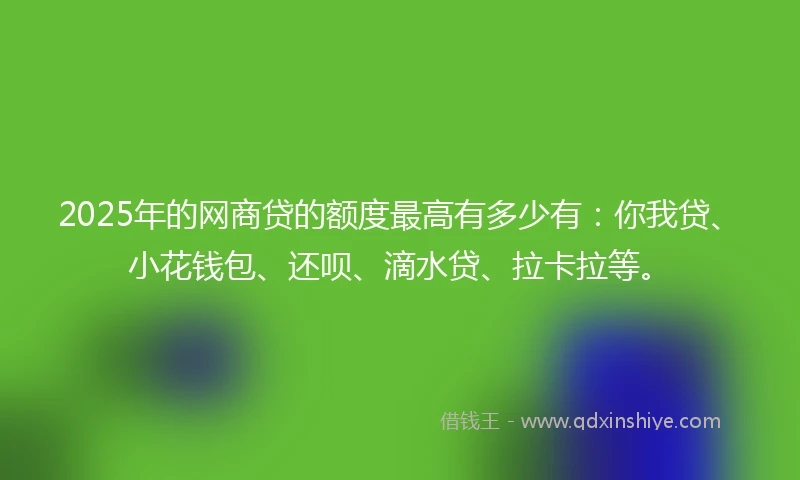 2025年的网商贷的额度最高有多少有：你我贷、小花钱包、还呗、滴水贷、拉卡拉等。