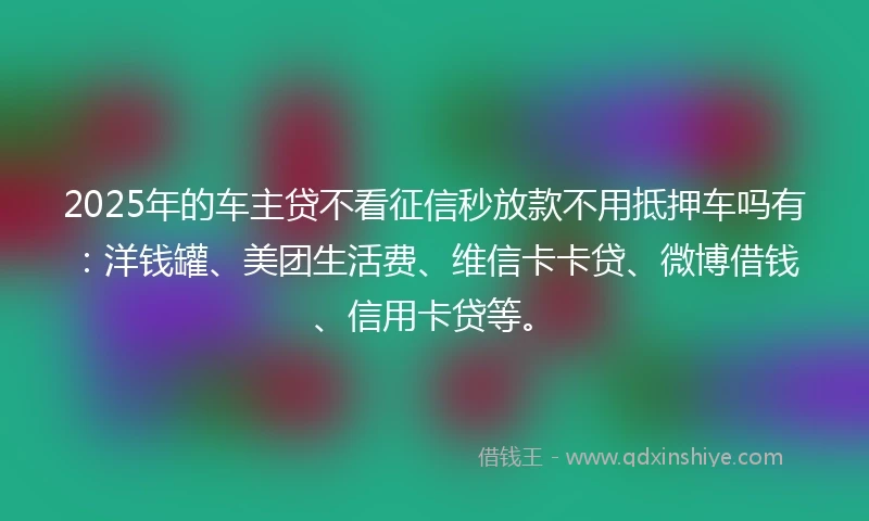 2025年的车主贷不看征信秒放款不用抵押车吗有：洋钱罐、美团生活费、维信卡卡贷、微博借钱、信用卡贷等。