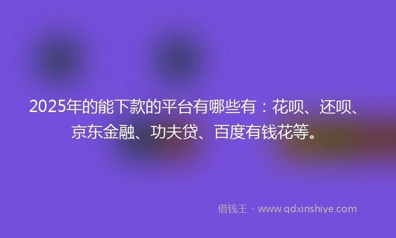 2025年的能下款的平台有哪些有：花呗、还呗、京东金融、功夫贷、百度有钱花等。