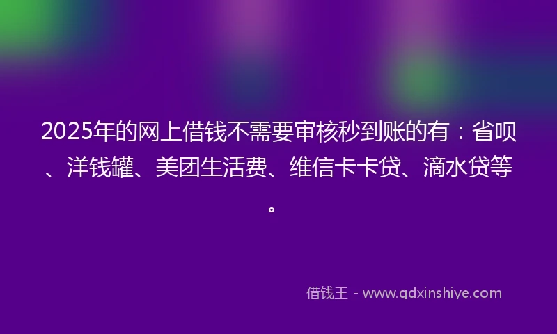 2025年的网上借钱不需要审核秒到账的有：省呗、洋钱罐、美团生活费、维信卡卡贷、滴水贷等。