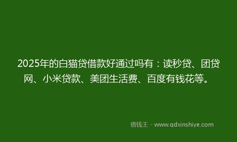 2025年的白猫贷借款好通过吗有：读秒贷、团贷网、小米贷款、美团生活费、百度有钱花等。