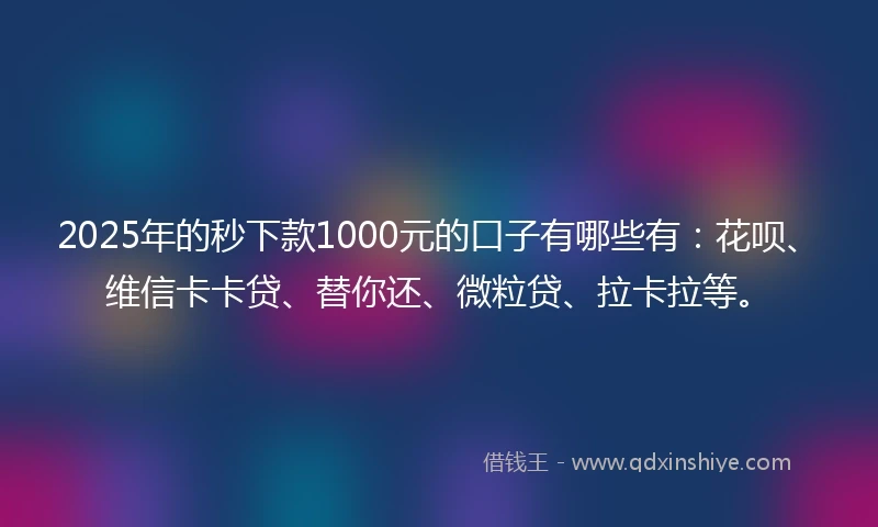 2025年的秒下款1000元的口子有哪些有：花呗、维信卡卡贷、替你还、微粒贷、拉卡拉等。