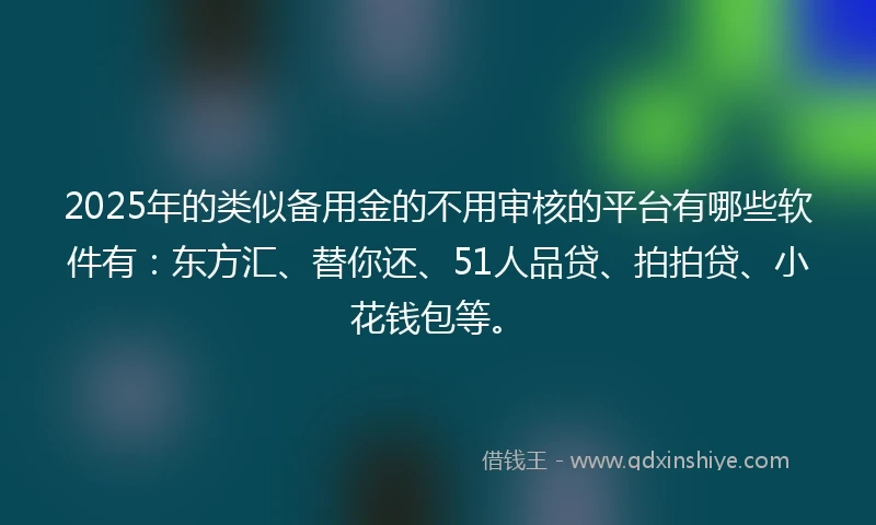 2025年的类似备用金的不用审核的平台有哪些软件有：东方汇、替你还、51人品贷、拍拍贷、小花钱包等。