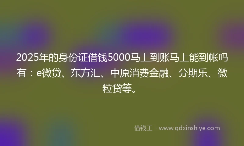 2025年的身份证借钱5000马上到账马上能到帐吗有：e微贷、东方汇、中原消费金融、分期乐、微粒贷等。