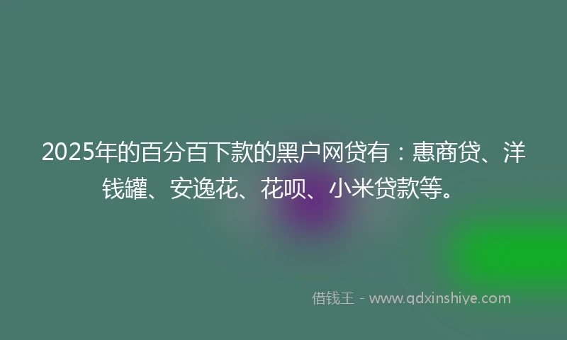 2025年的百分百下款的黑户网贷有：惠商贷、洋钱罐、安逸花、花呗、小米贷款等。