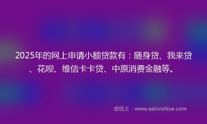 2025年的网上申请小额贷款有：随身贷、我来贷、花呗、维信卡卡贷、中原消费金融等。