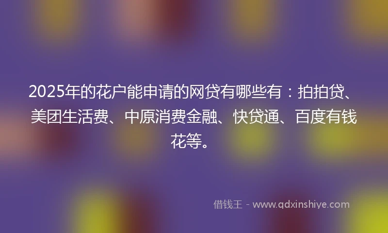 2025年的花户能申请的网贷有哪些有:拍拍贷、美团生活费、中原消费金融、快贷通、百度有钱花等。