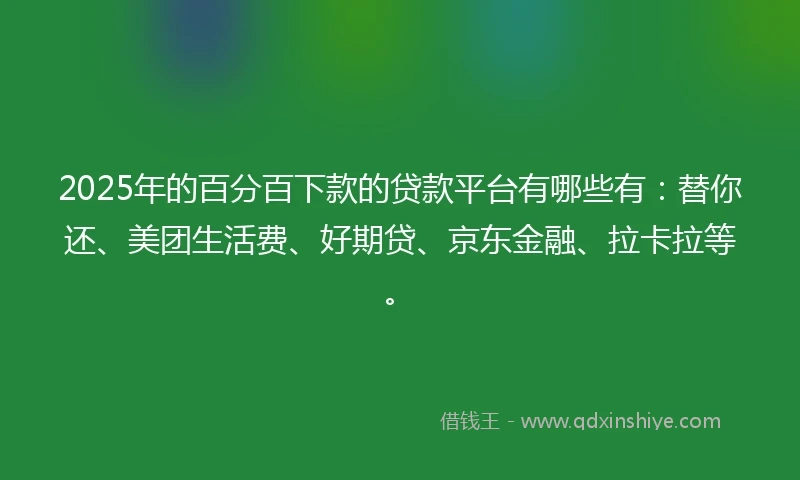 2025年的百分百下款的贷款平台有哪些有：替你还、美团生活费、好期贷、京东金融、拉卡拉等。
