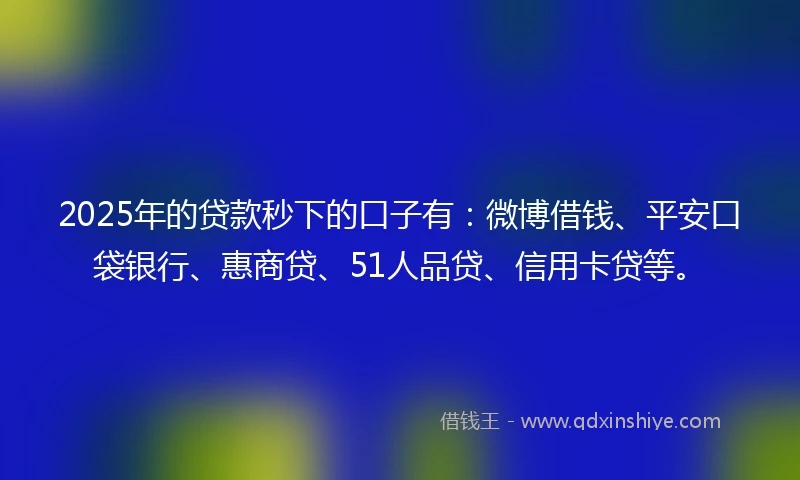 2025年的贷款秒下的口子有：微博借钱、平安口袋银行、惠商贷、51人品贷、信用卡贷等。