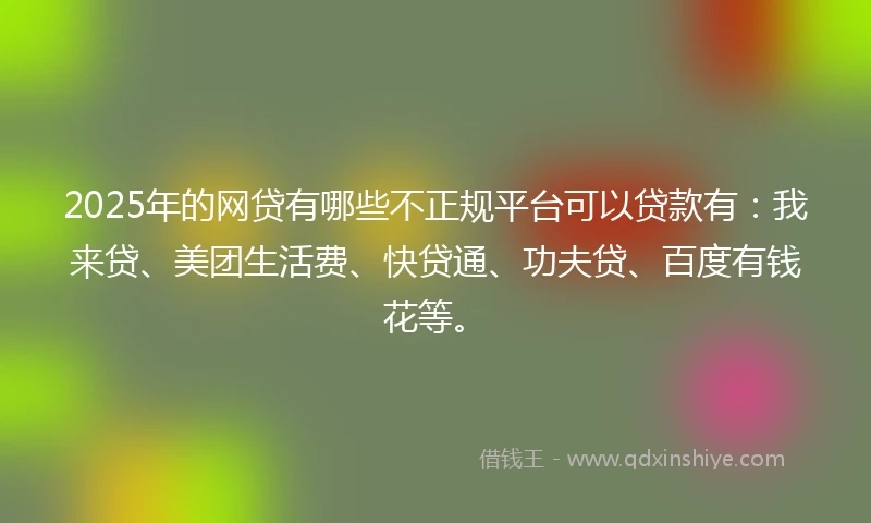 2025年的网贷有哪些不正规平台可以贷款有：我来贷、美团生活费、快贷通、功夫贷、百度有钱花等。