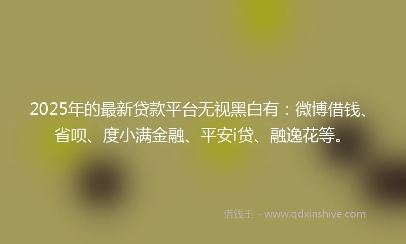 2025年的最新贷款平台无视黑白有：微博借钱、省呗、度小满金融、平安i贷、融逸花等。