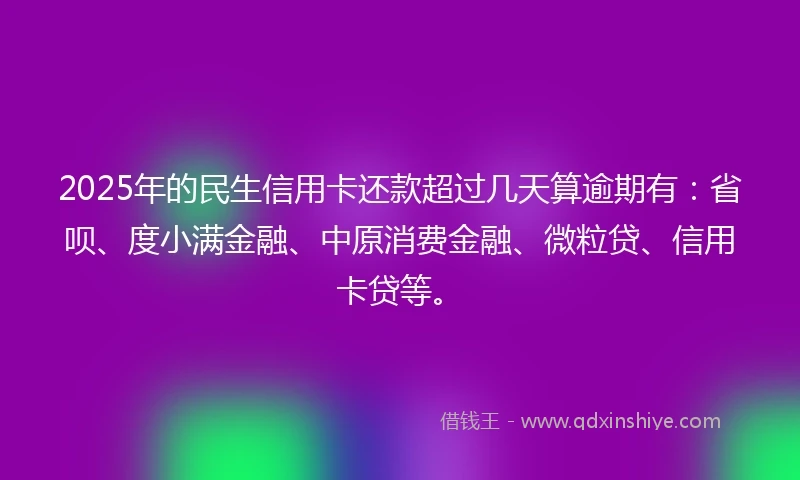 2025年的民生信用卡还款超过几天算逾期有：省呗、度小满金融、中原消费金融、微粒贷、信用卡贷等。