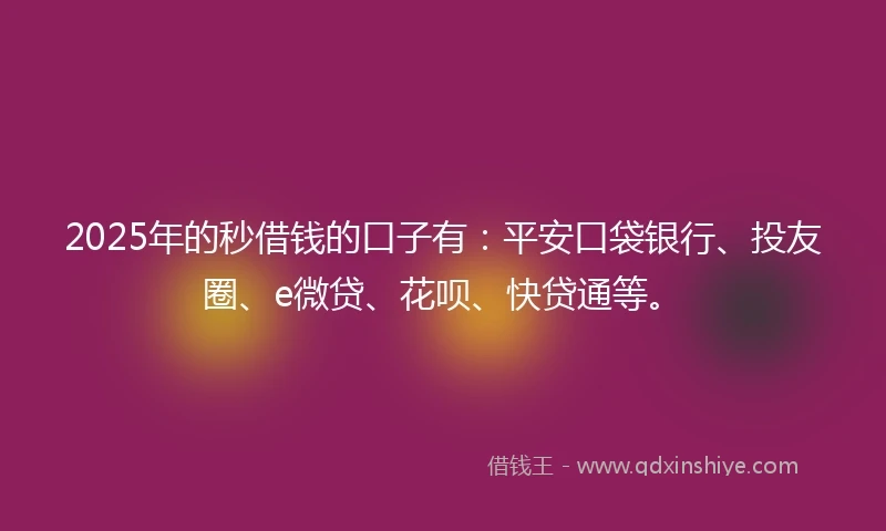 2025年的秒借钱的口子有：平安口袋银行、投友圈、e微贷、花呗、快贷通等。