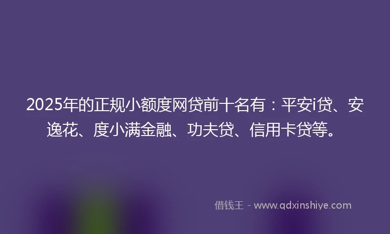 2025年的正规小额度网贷前十名有：平安i贷、安逸花、度小满金融、功夫贷、信用卡贷等。