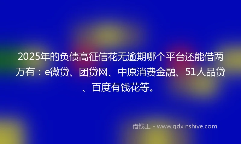 2025年的负债高征信花无逾期哪个平台还能借两万有：e微贷、团贷网、中原消费金融、51人品贷、百度有钱花等。
