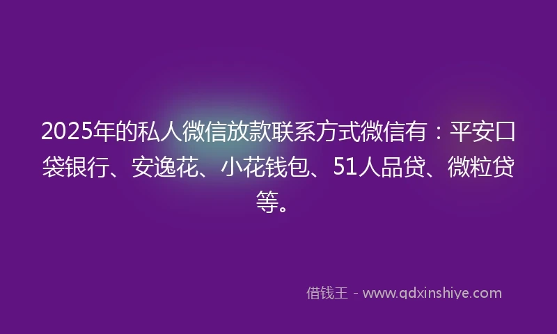 2025年的私人微信放款联系方式微信有：平安口袋银行、安逸花、小花钱包、51人品贷、微粒贷等。