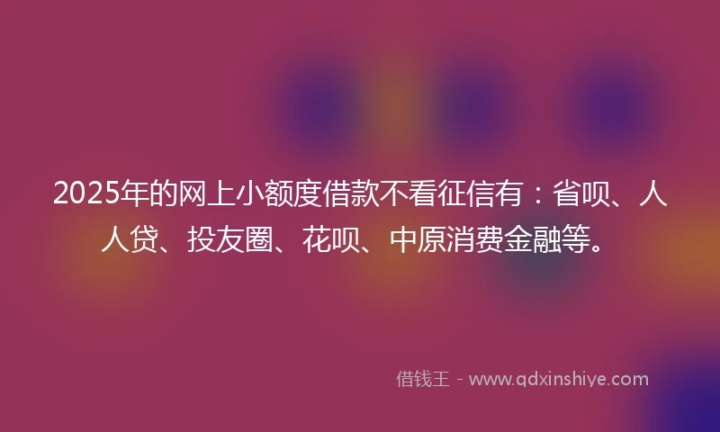 2025年的网上小额度借款不看征信有：省呗、人人贷、投友圈、花呗、中原消费金融等。