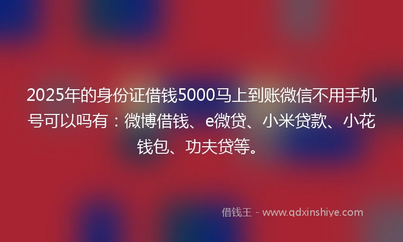 2025年的身份证借钱5000马上到账微信不用手机号可以吗有：微博借钱、e微贷、小米贷款、小花钱包、功夫贷等。