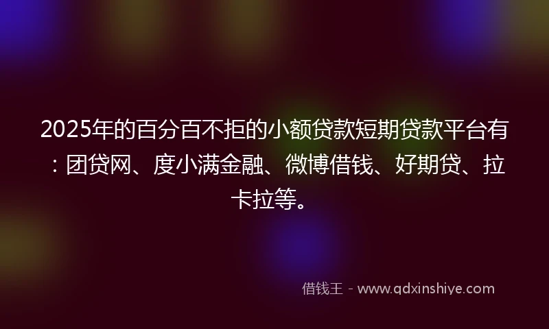 2025年的百分百不拒的小额贷款短期贷款平台有：团贷网、度小满金融、微博借钱、好期贷、拉卡拉等。