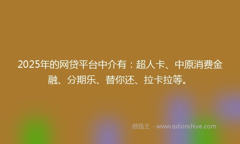 2025年的网贷平台中介有：超人卡、中原消费金融、分期乐、替你还、拉卡拉等。
