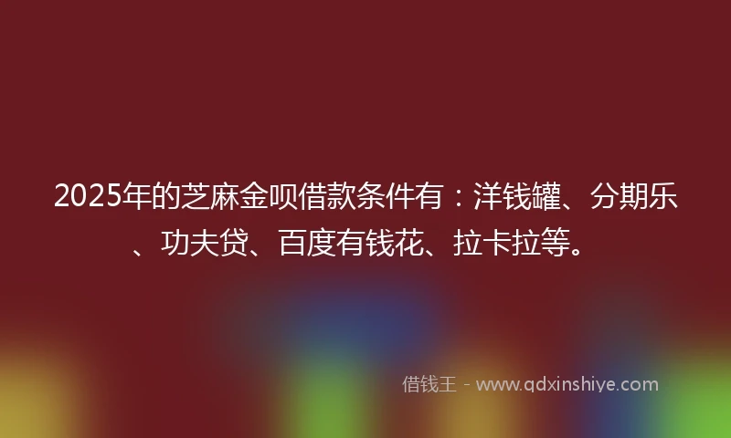 2025年的芝麻金呗借款条件有：洋钱罐、分期乐、功夫贷、百度有钱花、拉卡拉等。