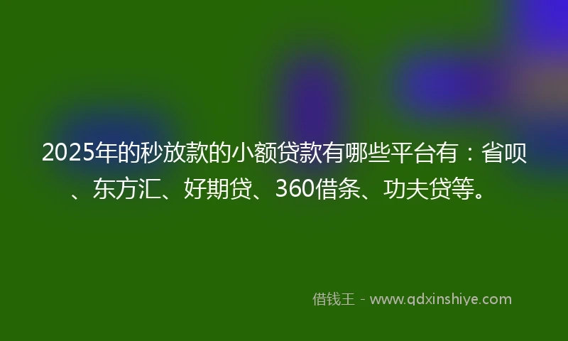 2025年的秒放款的小额贷款有哪些平台有：省呗、东方汇、好期贷、360借条、功夫贷等。