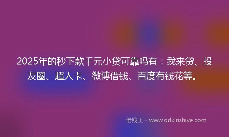 2025年的秒下款千元小贷可靠吗有：我来贷、投友圈、超人卡、微博借钱、百度有钱花等。