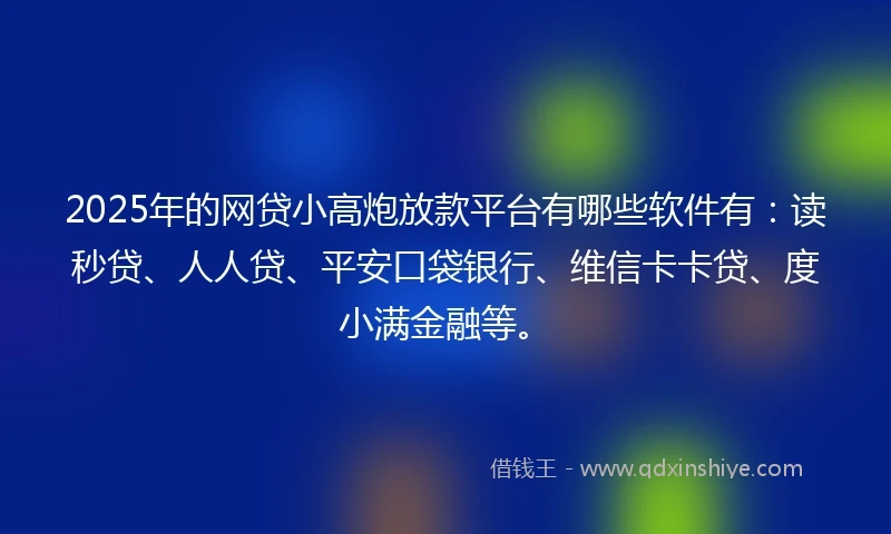 2025年的网贷小高炮放款平台有哪些软件有：读秒贷、人人贷、平安口袋银行、维信卡卡贷、度小满金融等。