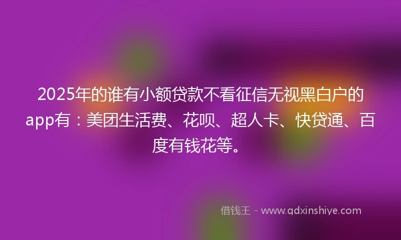 2025年的谁有小额贷款不看征信无视黑白户的app有：美团生活费、花呗、超人卡、快贷通、百度有钱花等。