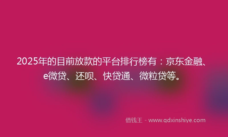 2025年的目前放款的平台排行榜有：京东金融、e微贷、还呗、快贷通、微粒贷等。