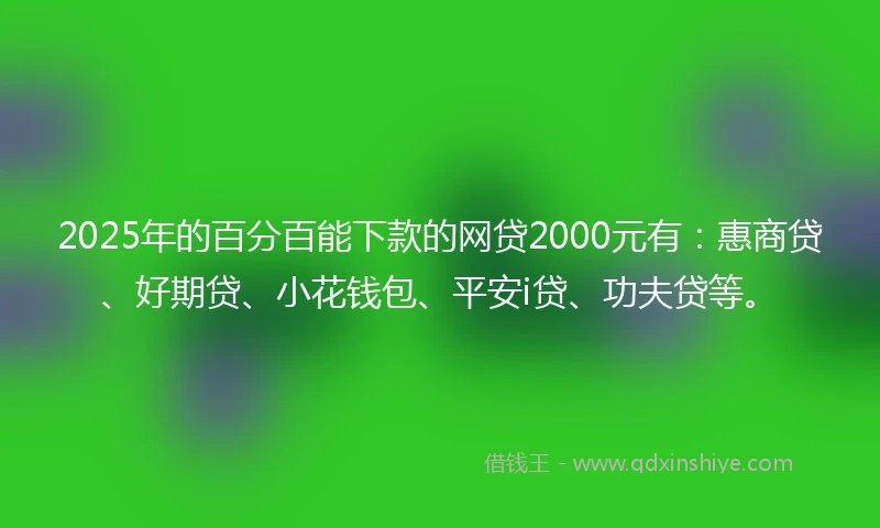 2025年的百分百能下款的网贷2000元有：惠商贷、好期贷、小花钱包、平安i贷、功夫贷等。