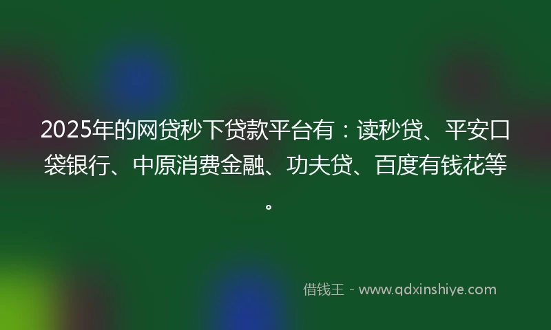 2025年的网贷秒下贷款平台有：读秒贷、平安口袋银行、中原消费金融、功夫贷、百度有钱花等。