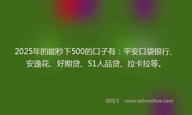 2025年的能秒下500的口子有：平安口袋银行、安逸花、好期贷、51人品贷、拉卡拉等。