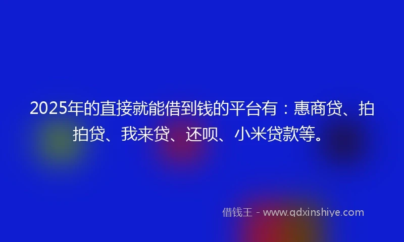 2025年的直接就能借到钱的平台有：惠商贷、拍拍贷、我来贷、还呗、小米贷款等。