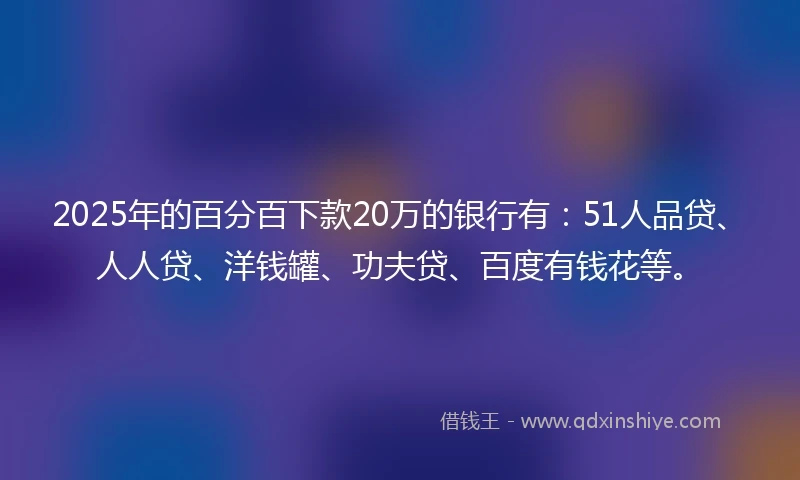 2025年的百分百下款20万的银行有：51人品贷、人人贷、洋钱罐、功夫贷、百度有钱花等。