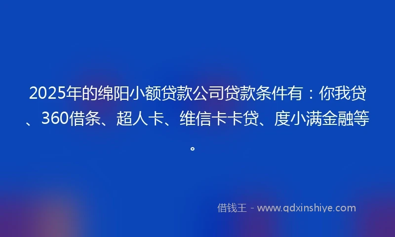 2025年的绵阳小额贷款公司贷款条件有：你我贷、360借条、超人卡、维信卡卡贷、度小满金融等。