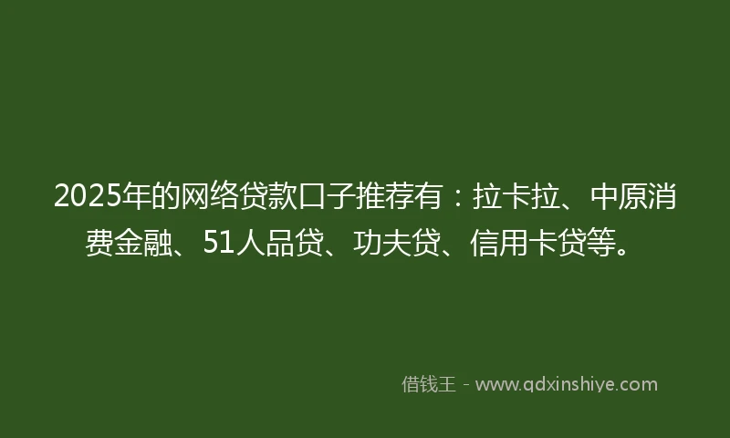 2025年的网络贷款口子推荐有：拉卡拉、中原消费金融、51人品贷、功夫贷、信用卡贷等。