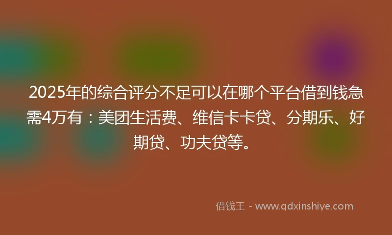 2025年的综合评分不足可以在哪个平台借到钱急需4万有：美团生活费、维信卡卡贷、分期乐、好期贷、功夫贷等。