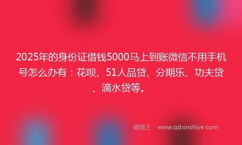 2025年的身份证借钱5000马上到账微信不用手机号怎么办有：花呗、51人品贷、分期乐、功夫贷、滴水贷等。